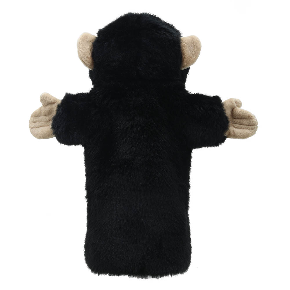 The Puppet Company baby hand puppet chimpanzee, black monkey puppet with beige ears, back view
