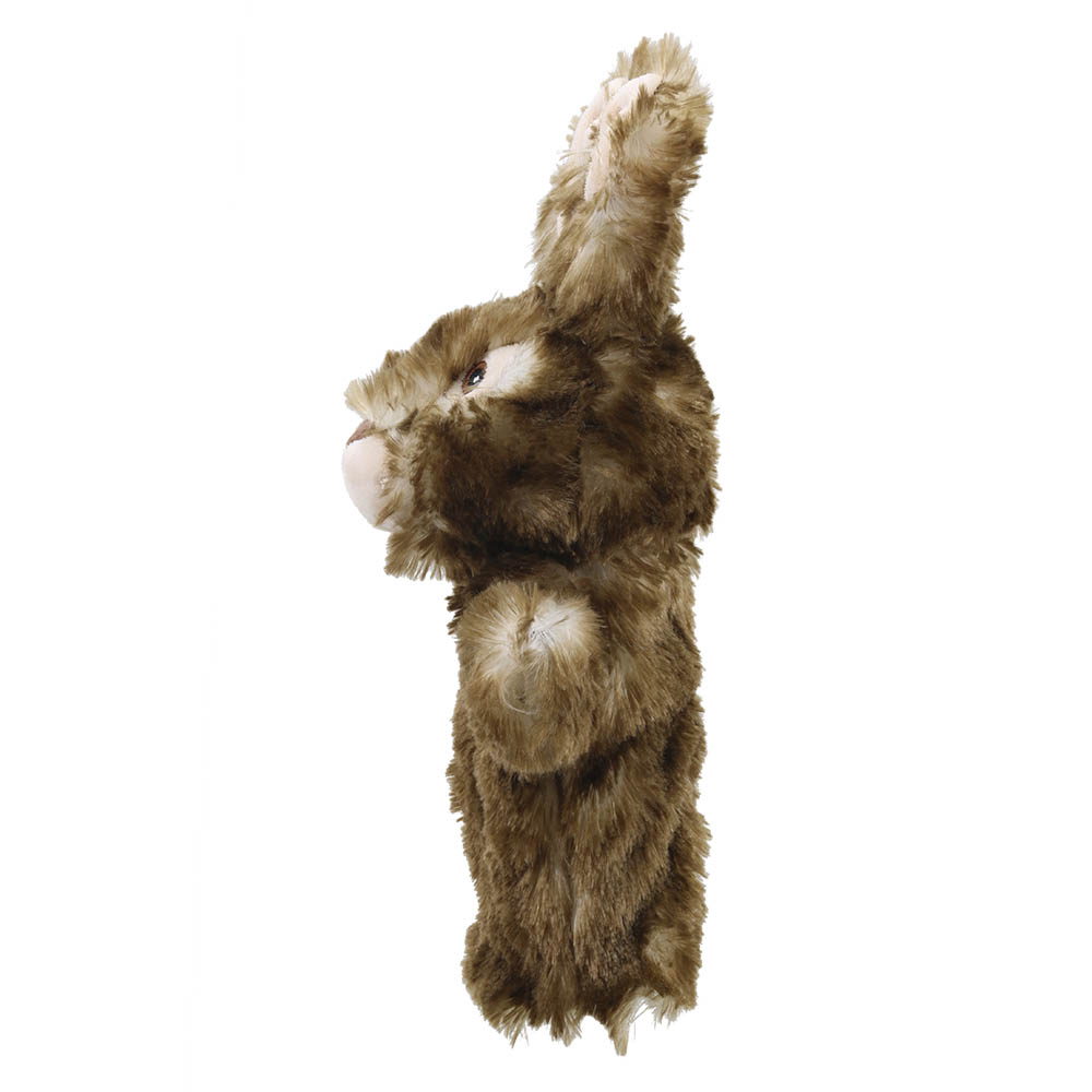 The Puppet Company baby hand puppet wild rabbit, brown mottled rabbit with one ear raised, side view