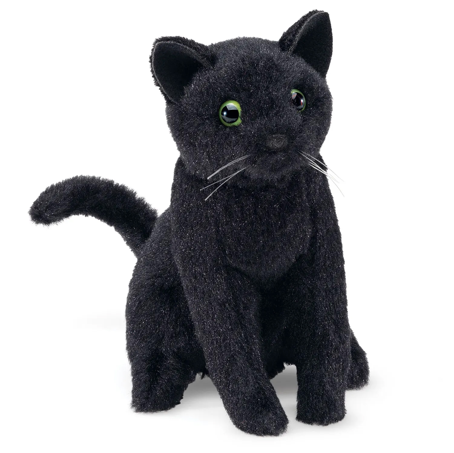Folkmanis mini black cat finger puppet with green glass eyes, silver whiskers and a curved tail, in a sitting position