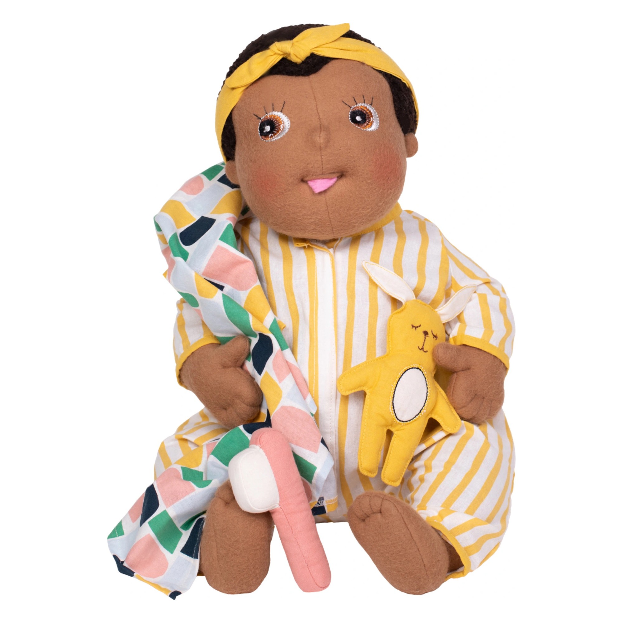 Rubens Barn baby doll in yellow pyjamas with cuddly bunny, blanket and toothbrush