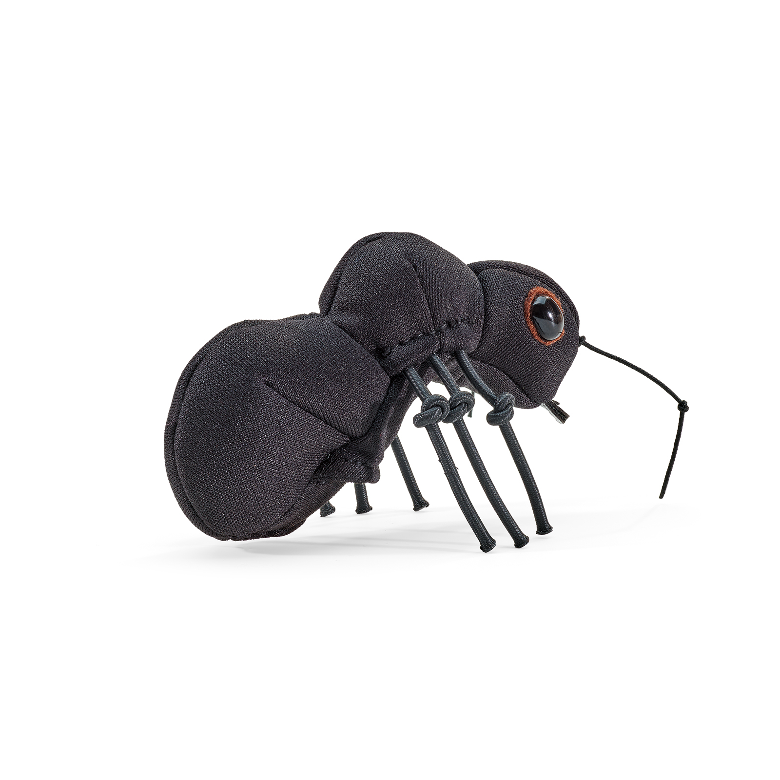 Folkmanis mini ant finger puppet in black with six legs, plastic eye and antennae, side view