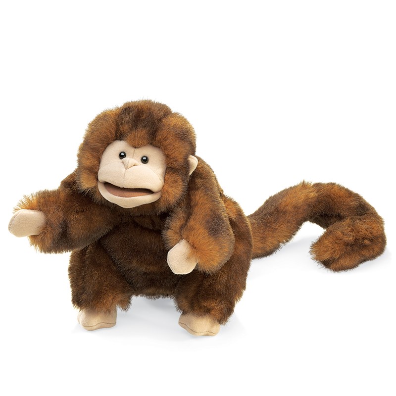 Folkmanis monkey hand puppet in brown plush with a beige face, open mouth and long ringed tail, three-quarter view