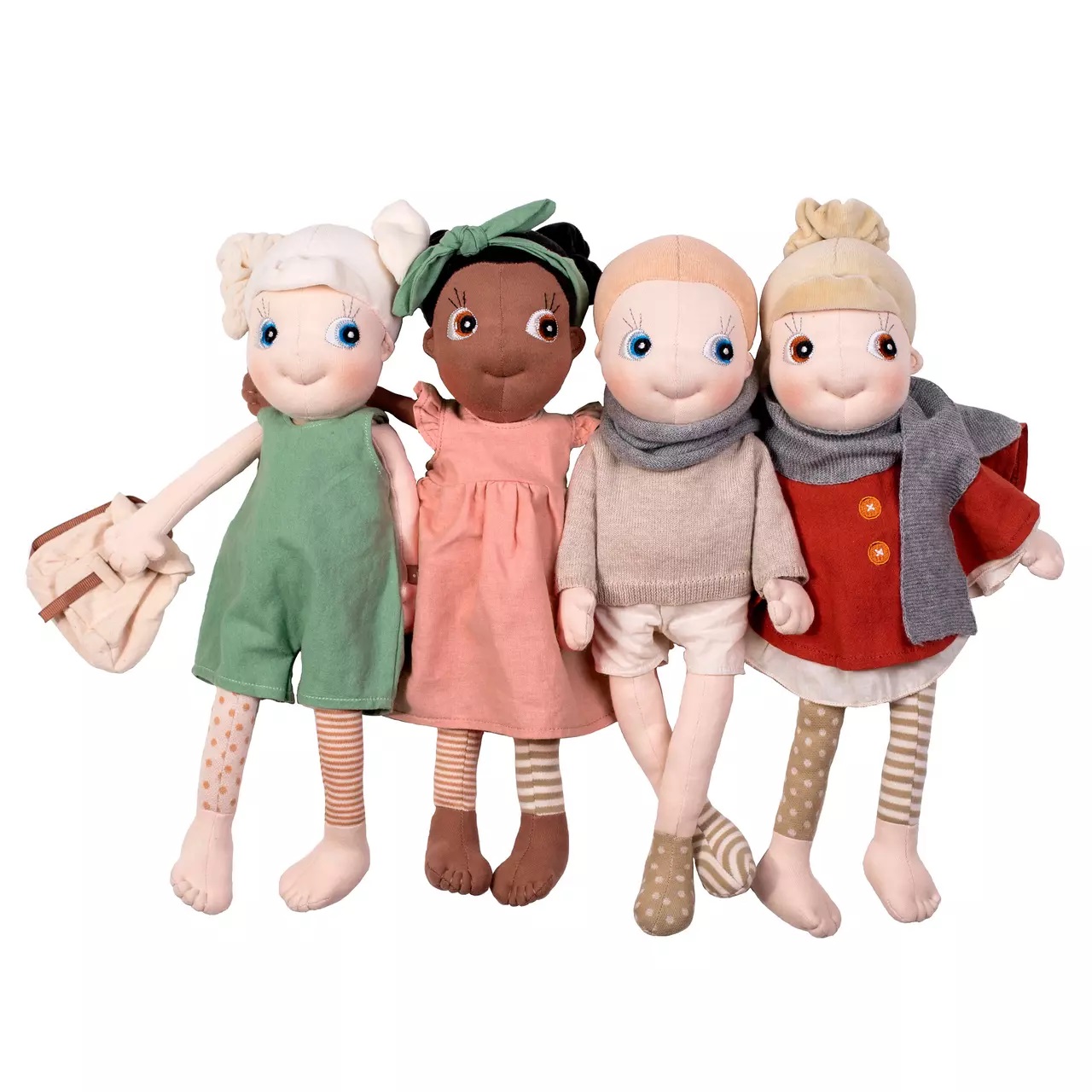 Four Rubens EcoBuds dolls side by side, one in the pink summer outfit