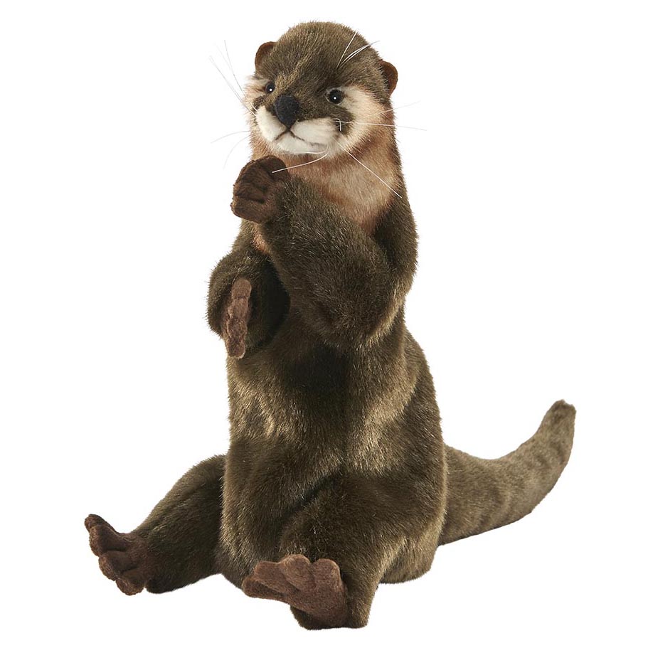 Otter hand puppet by Hansa Creation with dark brown fur and a light throat, upright