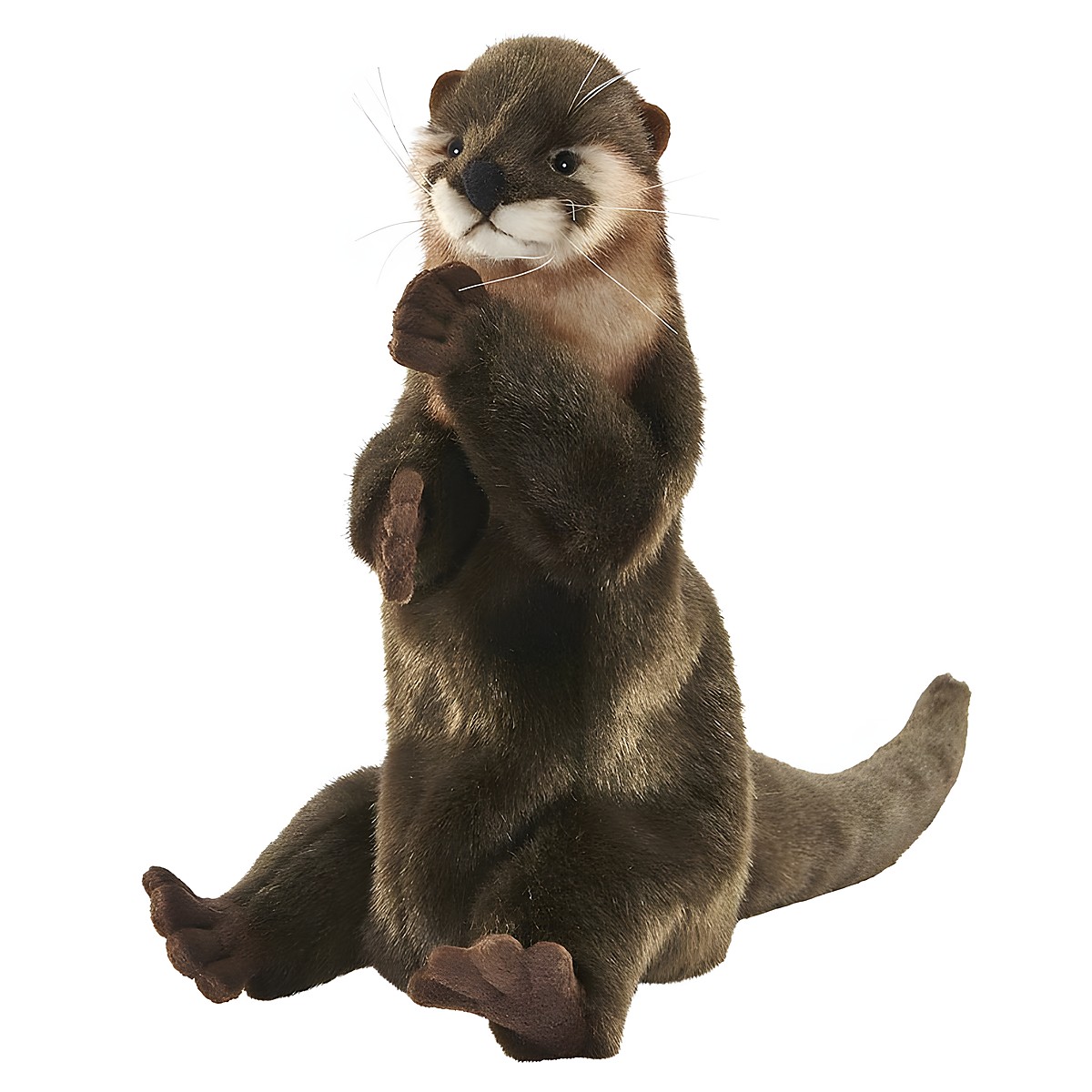 Otter hand puppet by Hansa Creation with dark brown fur and a light throat, upright