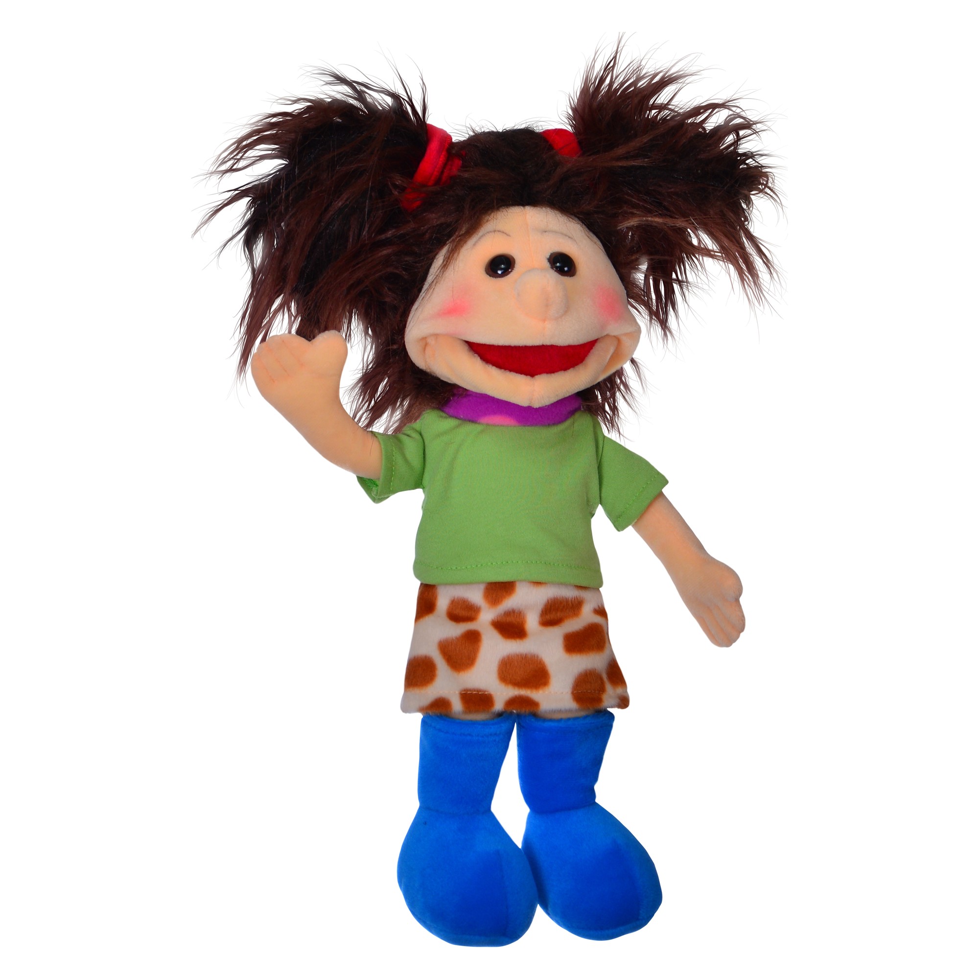 Living Puppets hand puppet Yosie Mini with dark brown pigtails, a green shirt, spotted skirt and blue shoes, waving