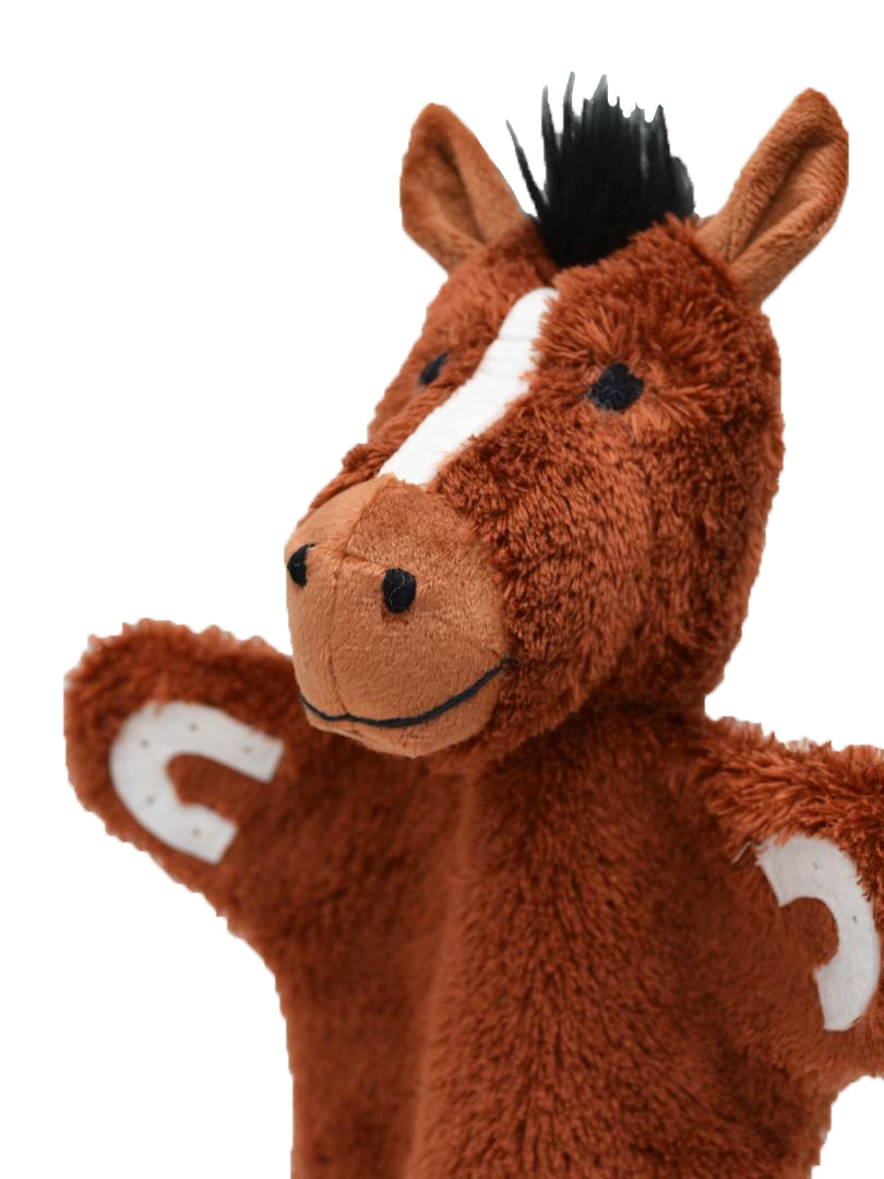 Punch and Judy puppet horse by munabo in brown with a black mane, white blaze and horseshoe appliques
