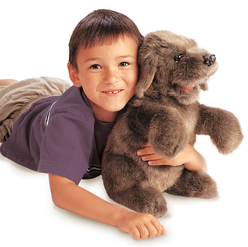 Boy cuddling the grey-brown Folkmanis dog hand puppet in its sitting pose, close-up.