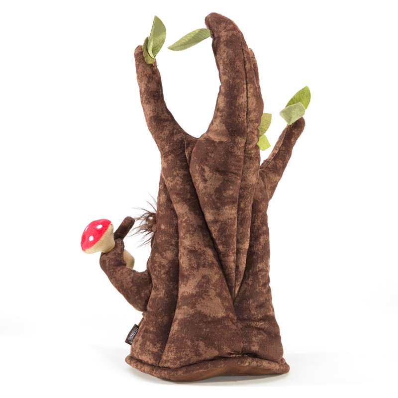 Folkmanis Enchanted Tree hand puppet in brown plush with green felt leaves and a red toadstool, side view
