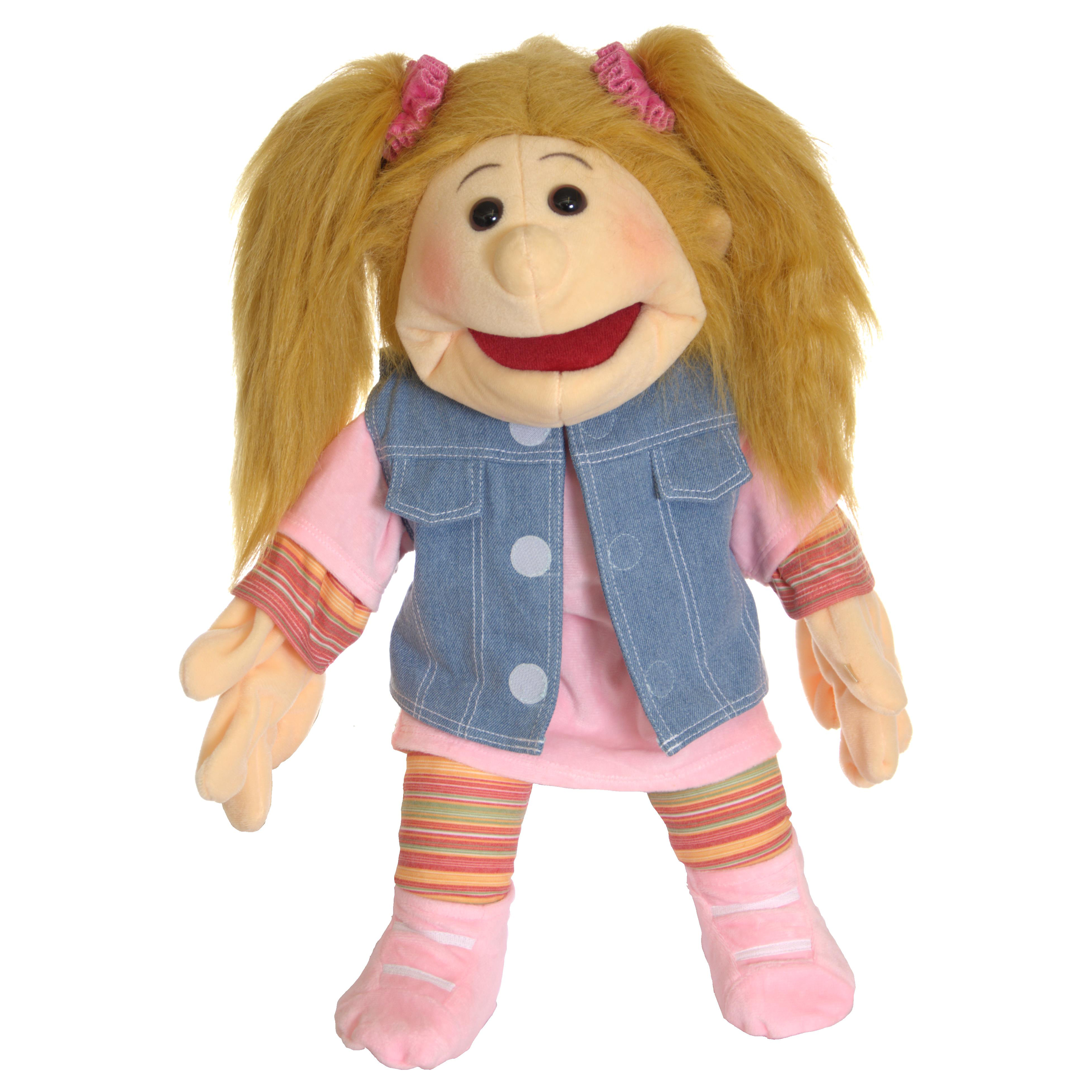 Living Puppets hand puppet Little Fibi with blonde pigtails, denim vest over a pink shirt and pink striped socks