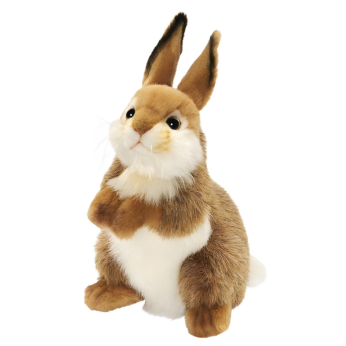 Upright standing rabbit by Hansa Creation as a plush figure in beige-brown with a white chest and long ears