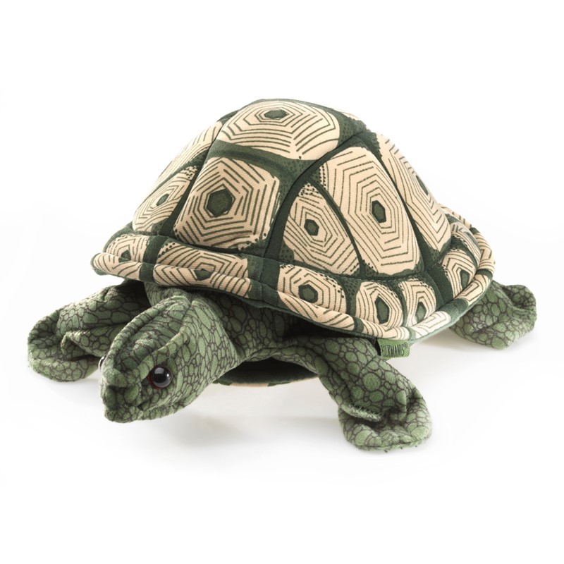 Folkmanis tortoise hand puppet made of green textured plush with a detailed patterned shell, shown at an angle