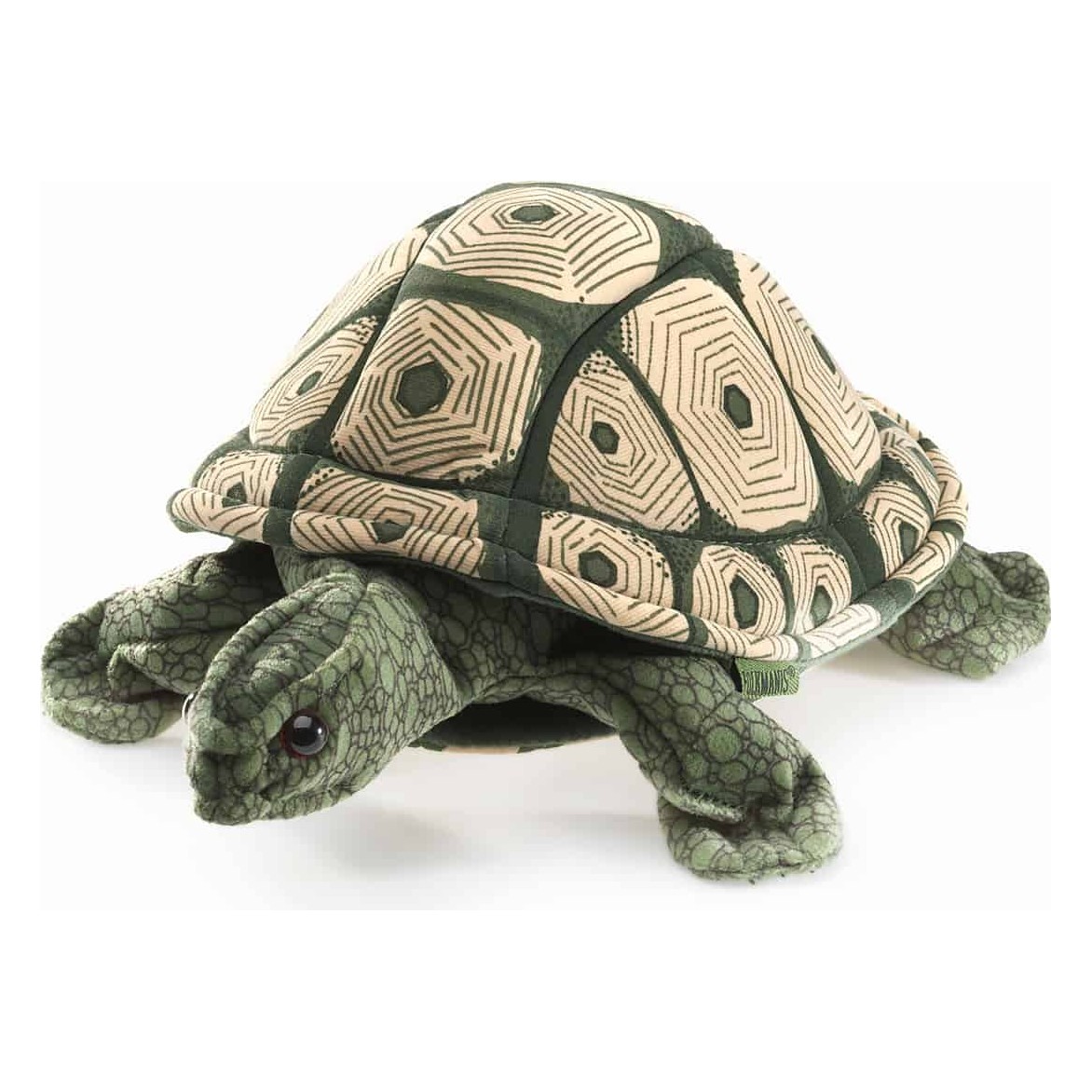 Folkmanis tortoise hand puppet made of green textured plush with a detailed patterned shell, shown at an angle