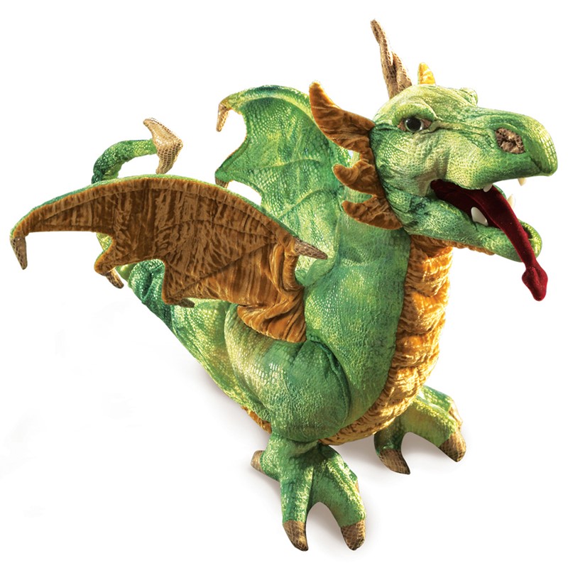 Folkmanis hand puppet wyvern dragon in green with golden-brown wings, open mouth and red tongue, angled view