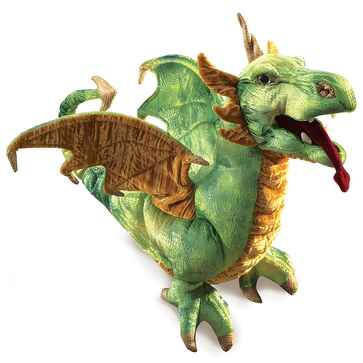 Folkmanis hand puppet wyvern dragon in green with golden-brown wings, open mouth and red tongue, angled view
