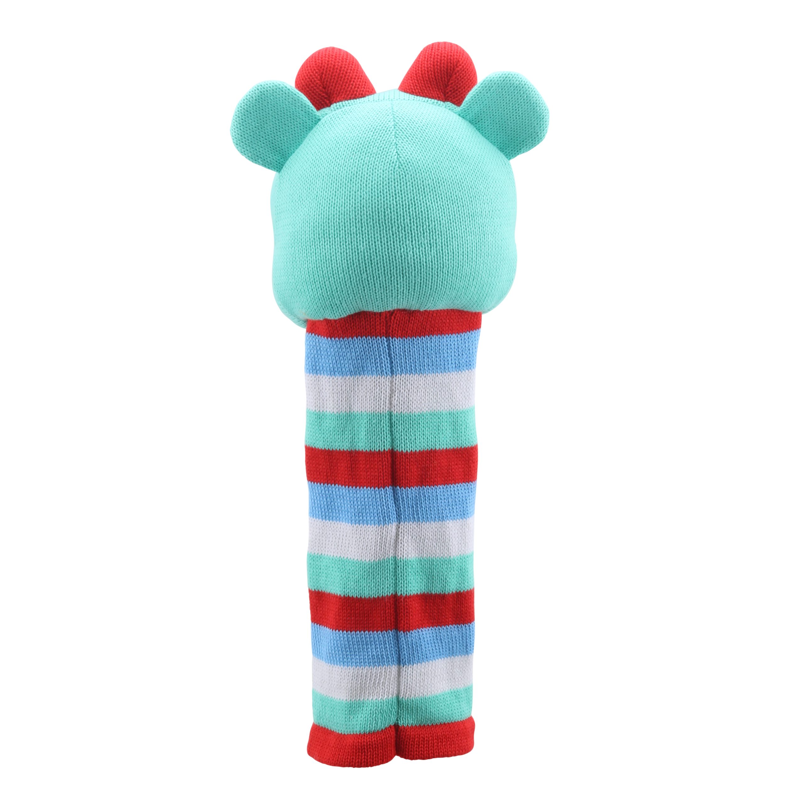 Puppet Company Hope monster sock puppet from behind, mint green back of the head with red ear tips and red, blue and white striped knitted body
