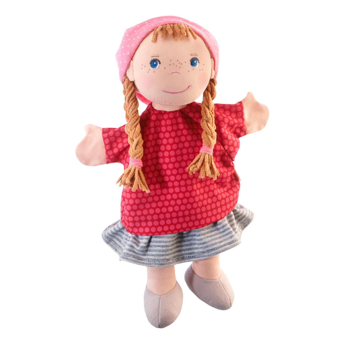 HABA baby hand puppet Gretelchen, girl with reddish-blonde braids, pink dotted cap and red dress