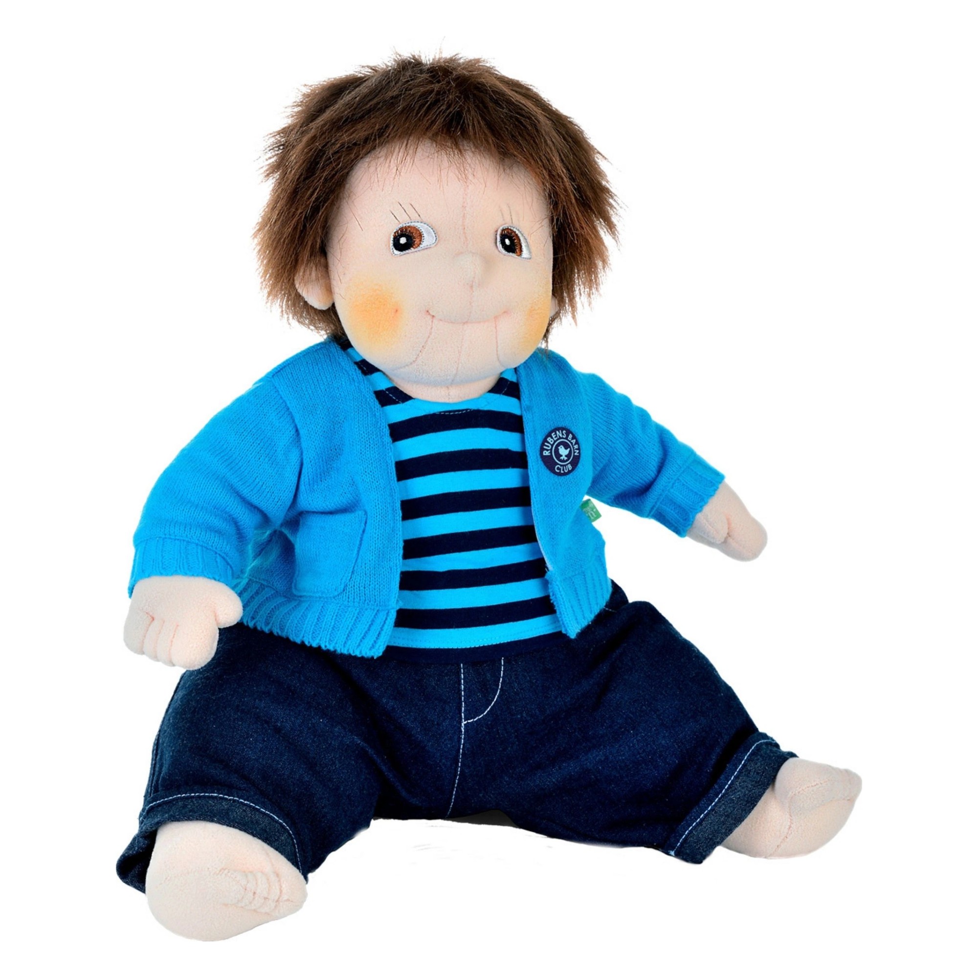 Rubens Barn Original doll Emil with blue cardigan, striped shirt and jeans, sitting