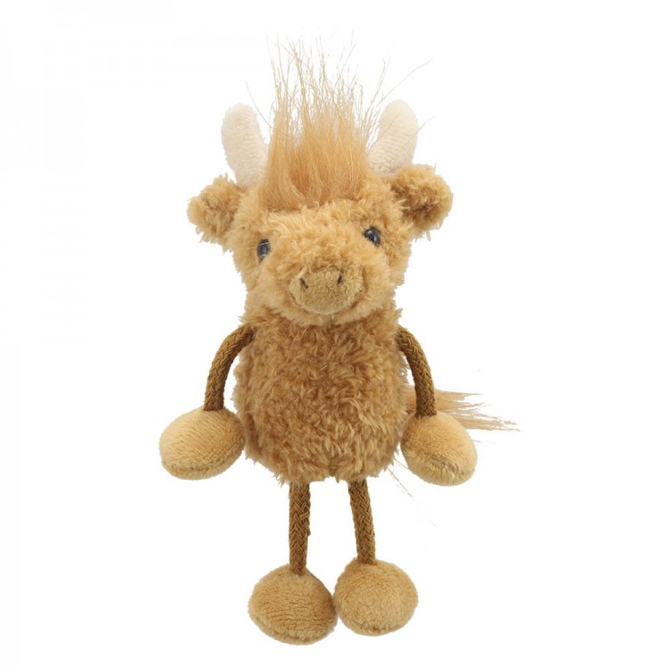 The Puppet Company finger puppet highland cow, beige shaggy finger puppet with a long fringe and small horns