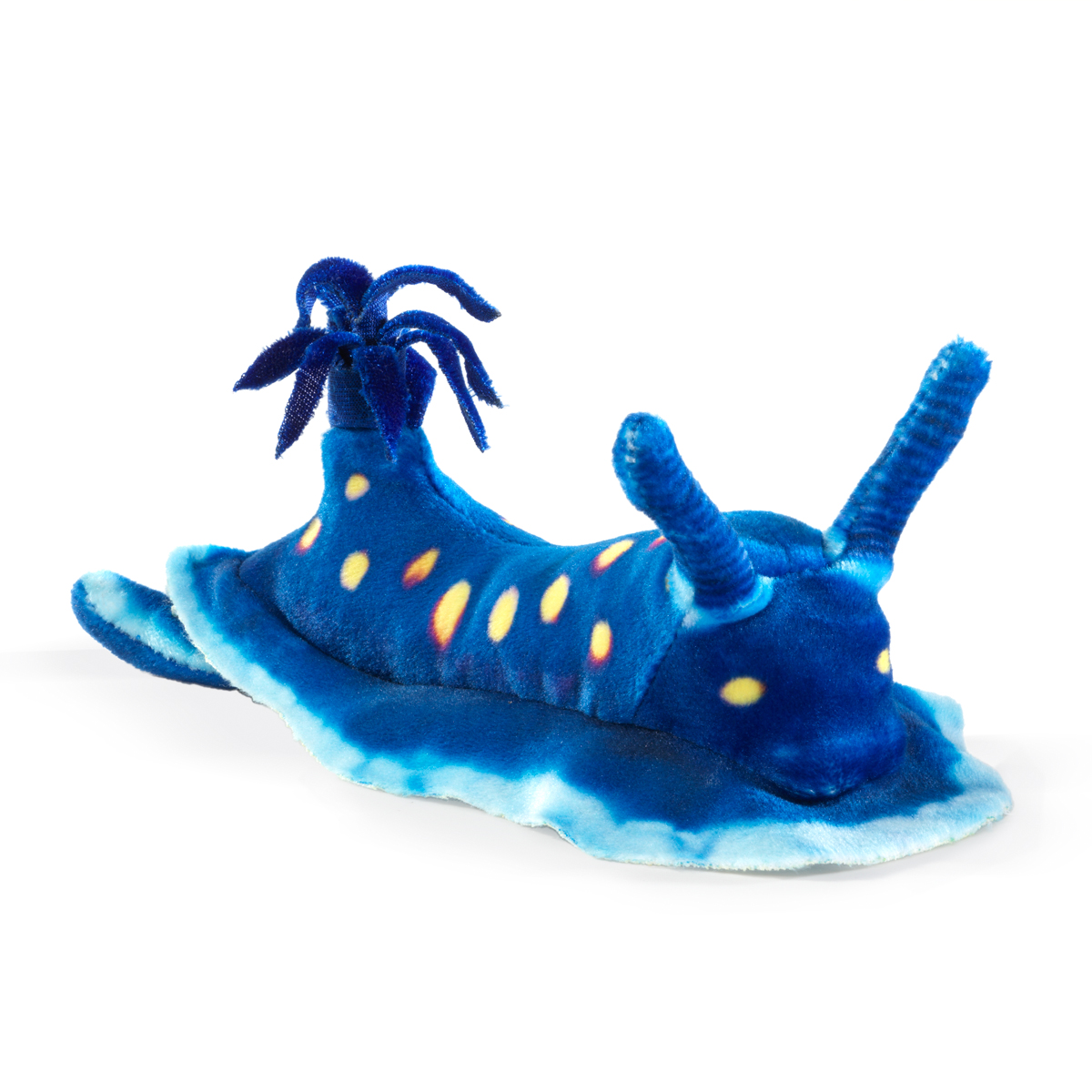 Folkmanis mini nudibranch finger puppet in vivid blue with yellow-orange spots, gill plume and two tentacles, side view