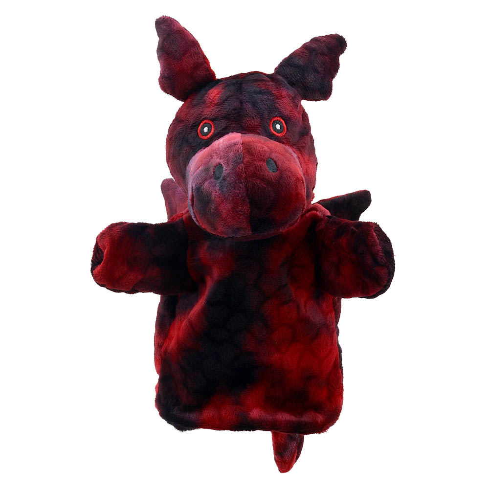The Puppet Company baby hand puppet red dragon, red-black mottled dragon with pointed ears and a dark snout