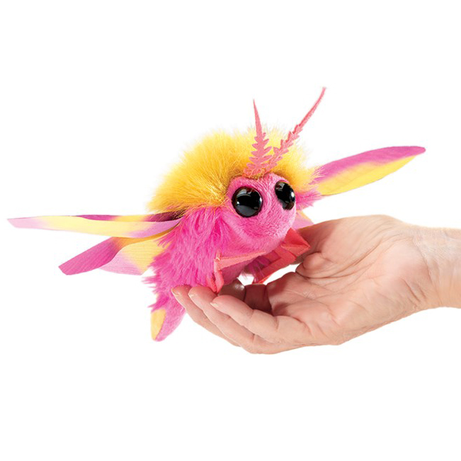 Folkmanis mini rosy maple moth finger puppet in pink and yellow, lying on a palm, front view