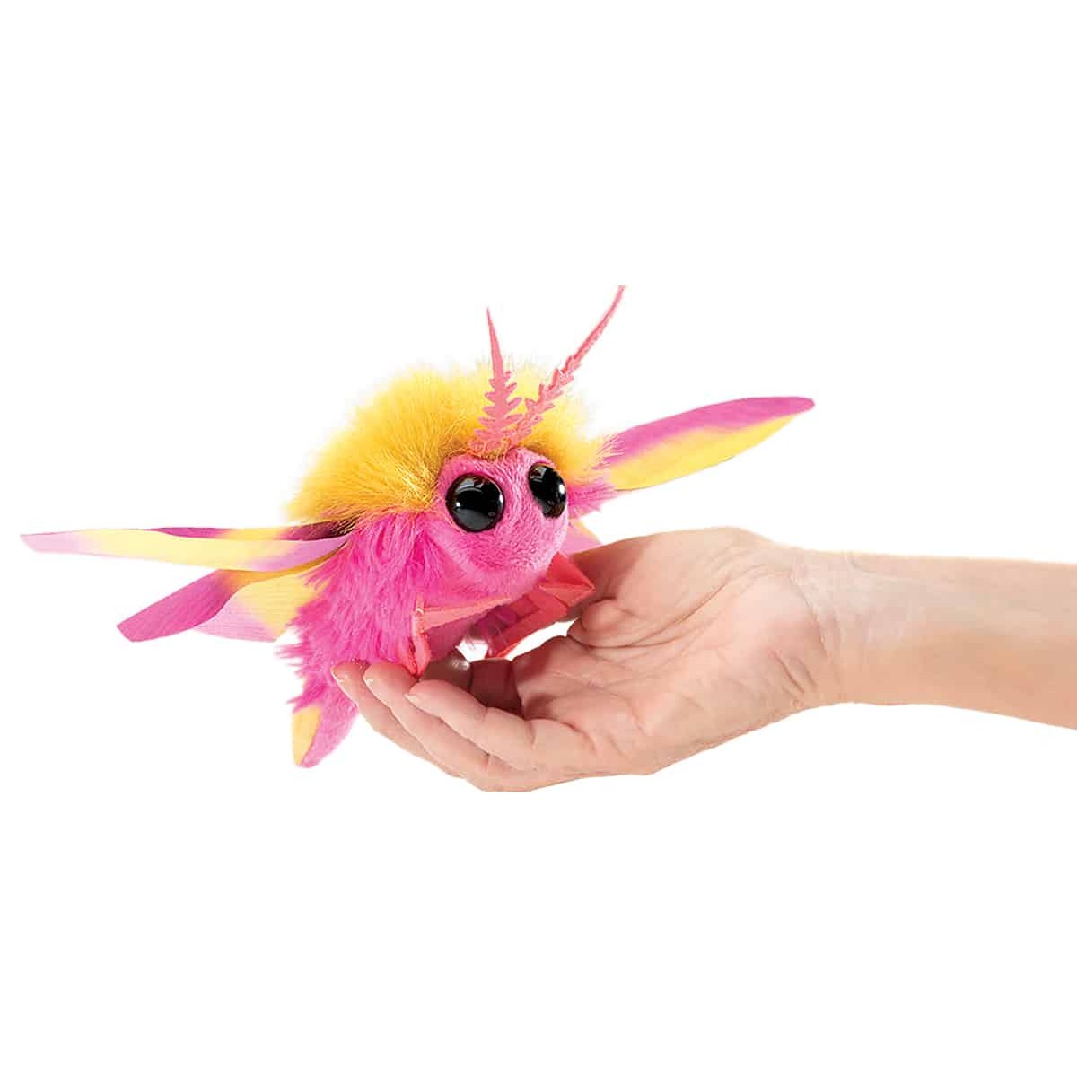 Folkmanis mini rosy maple moth finger puppet in pink and yellow, lying on a palm, front view