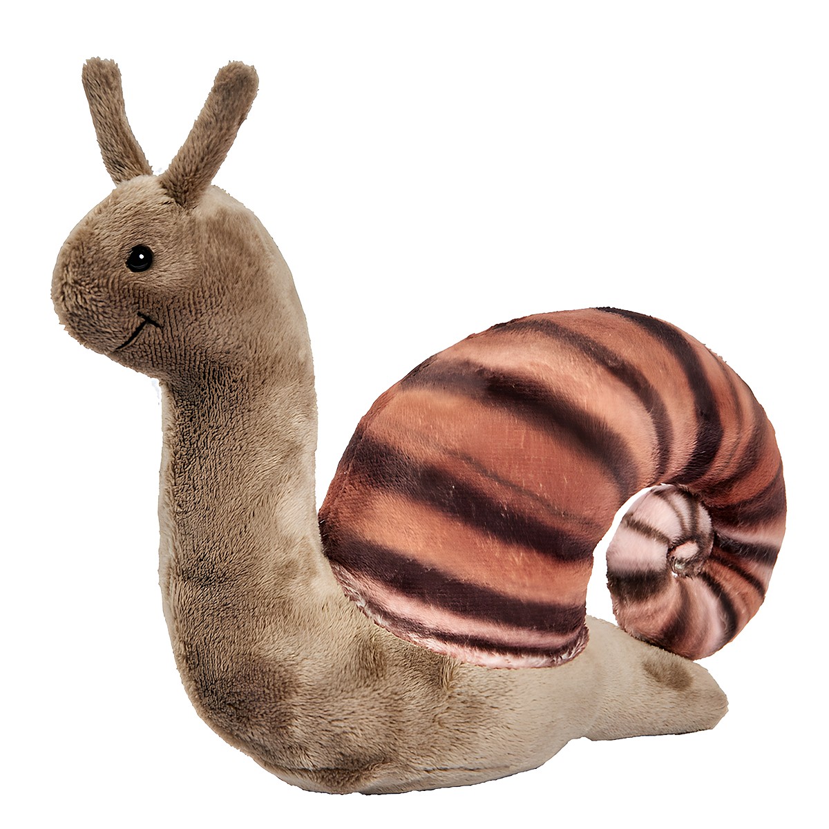 Snail plush toy by Anima with a beige body, brown striped shell and raised tentacles