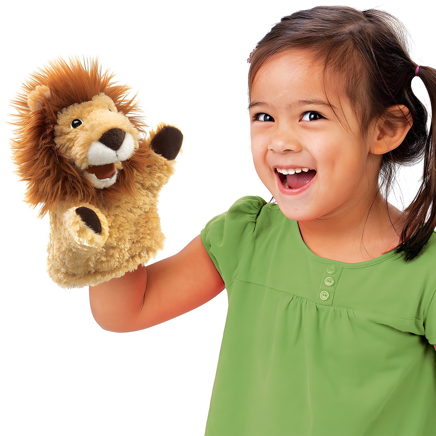 Laughing girl holding up a Folkmanis lion hand puppet with a bushy mane on her hand