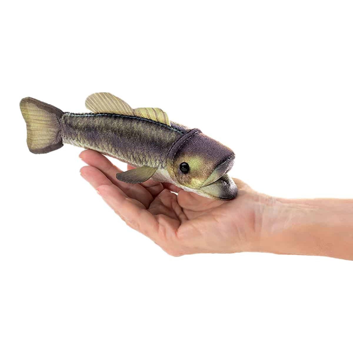 Folkmanis mini largemouth bass finger puppet lying on a palm, naturalistically printed plush in green-grey with fins