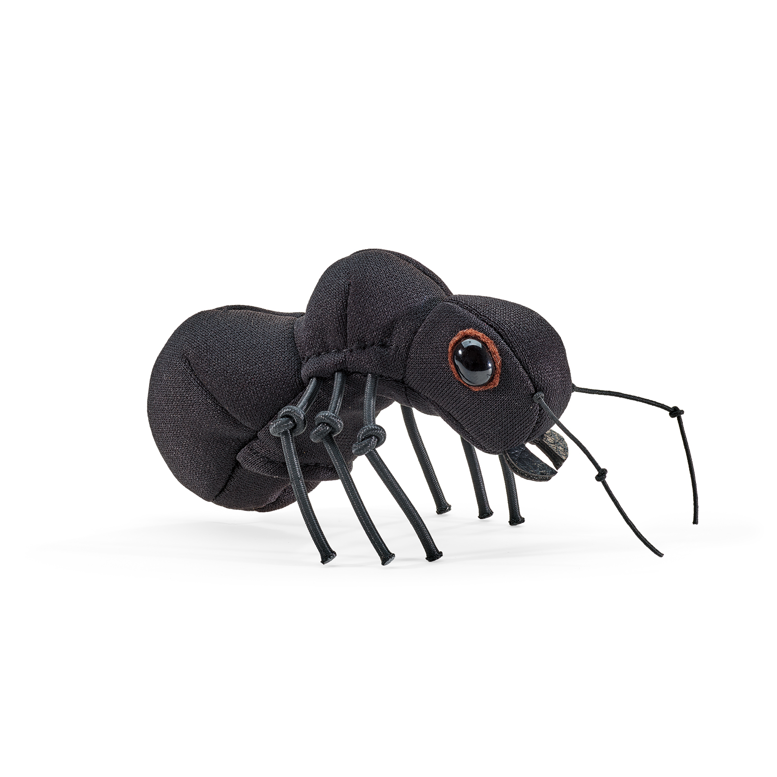 Folkmanis mini ant finger puppet in black with six cord legs, a red eye ring, and black glitter eyes, side view