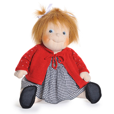 Rubens Barn Kindy doll Anna with red cardigan, chequered dress and hair bow