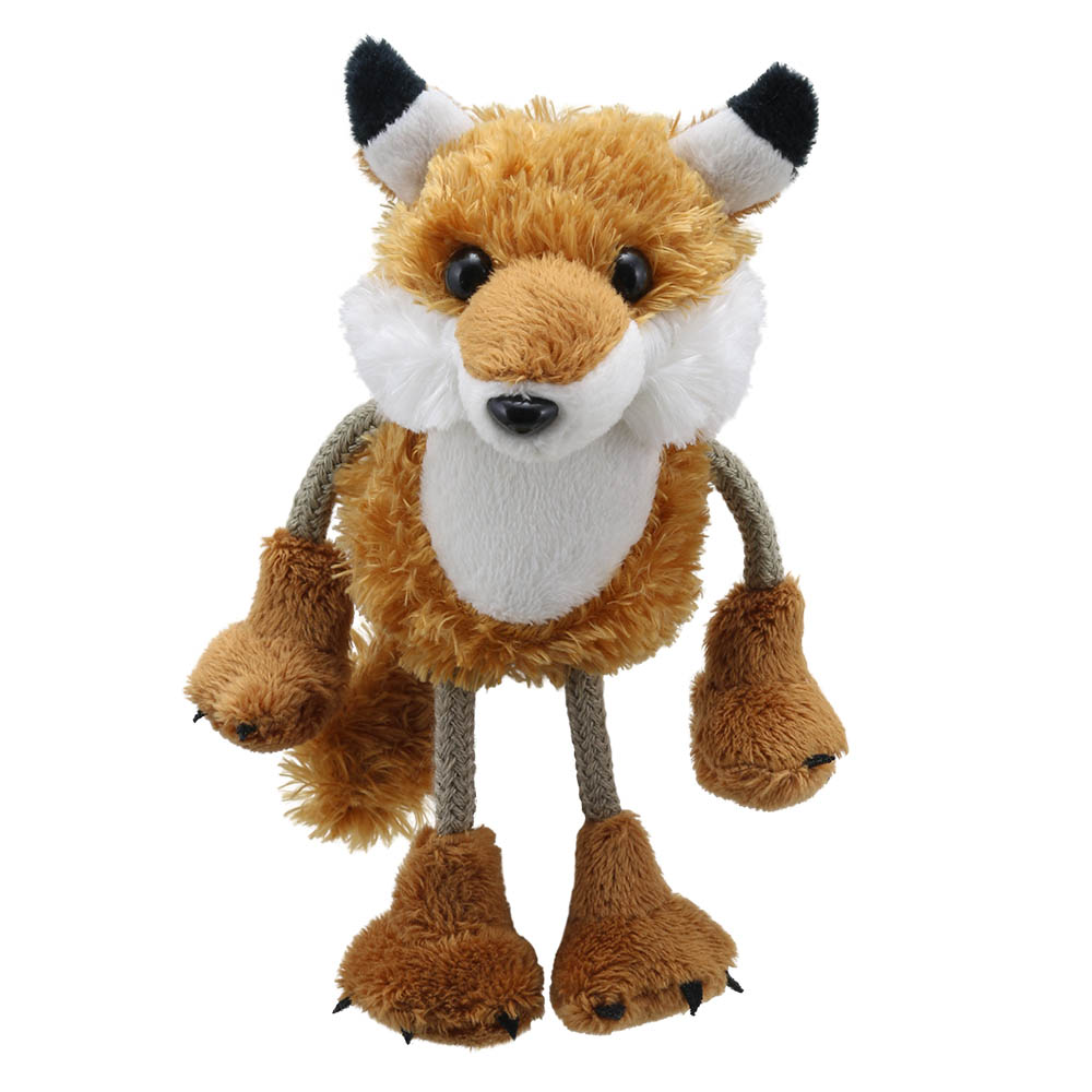 The Puppet Company finger puppet fox, orange fox with a white chest and long fabric legs, front view