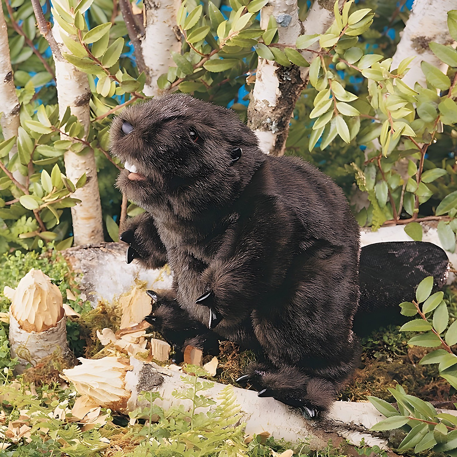 Folkmanis beaver hand puppet with dark brown fur, visible incisors and claws, sitting upright on a birch log in a natural setting