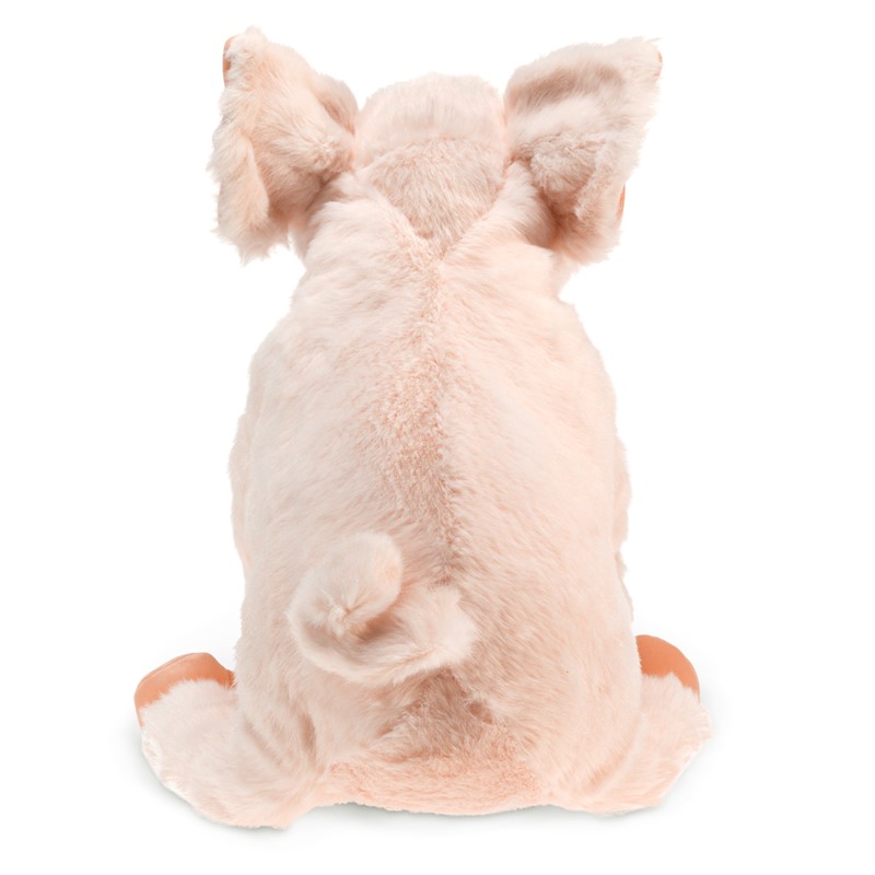 Folkmanis piglet hand puppet in soft pink, rear view showing a curly tail and upright ears