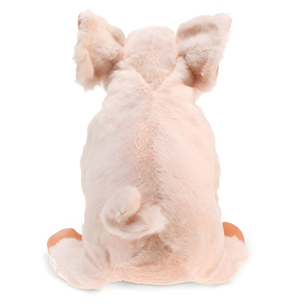 Folkmanis piglet hand puppet in soft pink, rear view showing a curly tail and upright ears