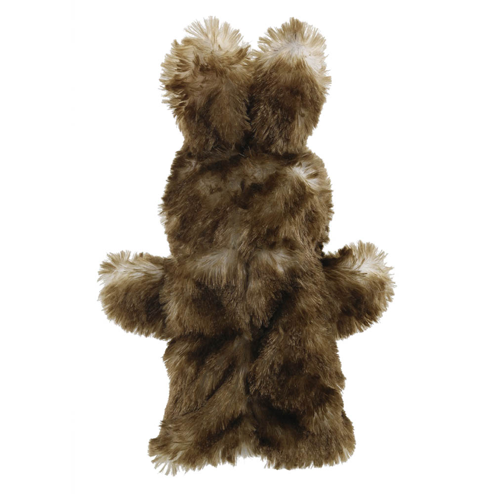 The Puppet Company baby hand puppet wild rabbit, brown mottled rabbit with upright ears, back view