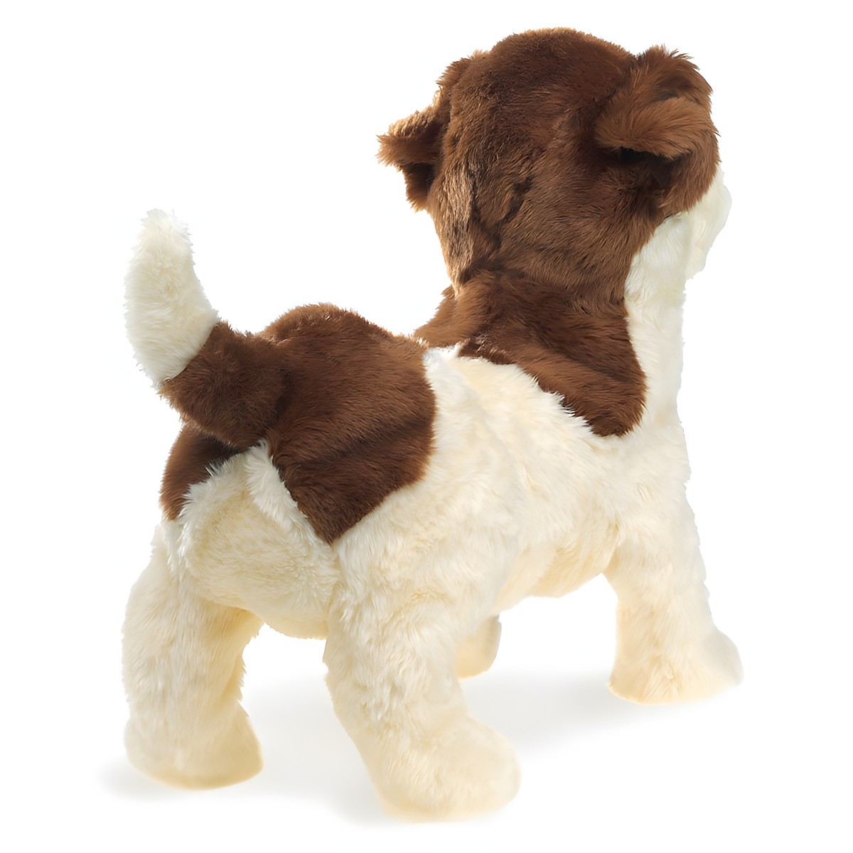 Folkmanis Jack Russell Terrier hand puppet, standing, brown and white plush fur, rear view