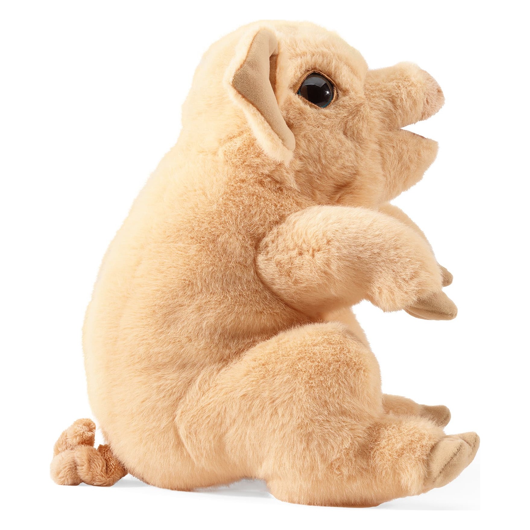 Folkmanis piggy hand puppet in light beige with open mouth, side view on a white background
