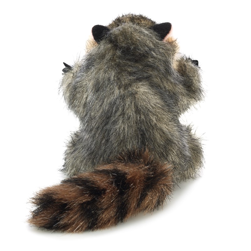 Folkmanis mini raccoon finger puppet seen from behind with a ringed brown tail and grey-melange fur