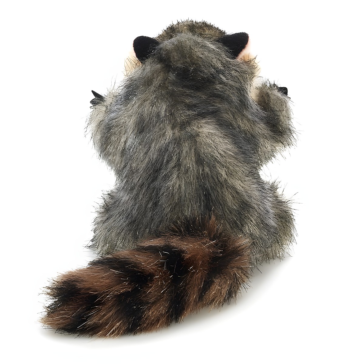 Folkmanis mini raccoon finger puppet seen from behind with a ringed brown tail and grey-melange fur
