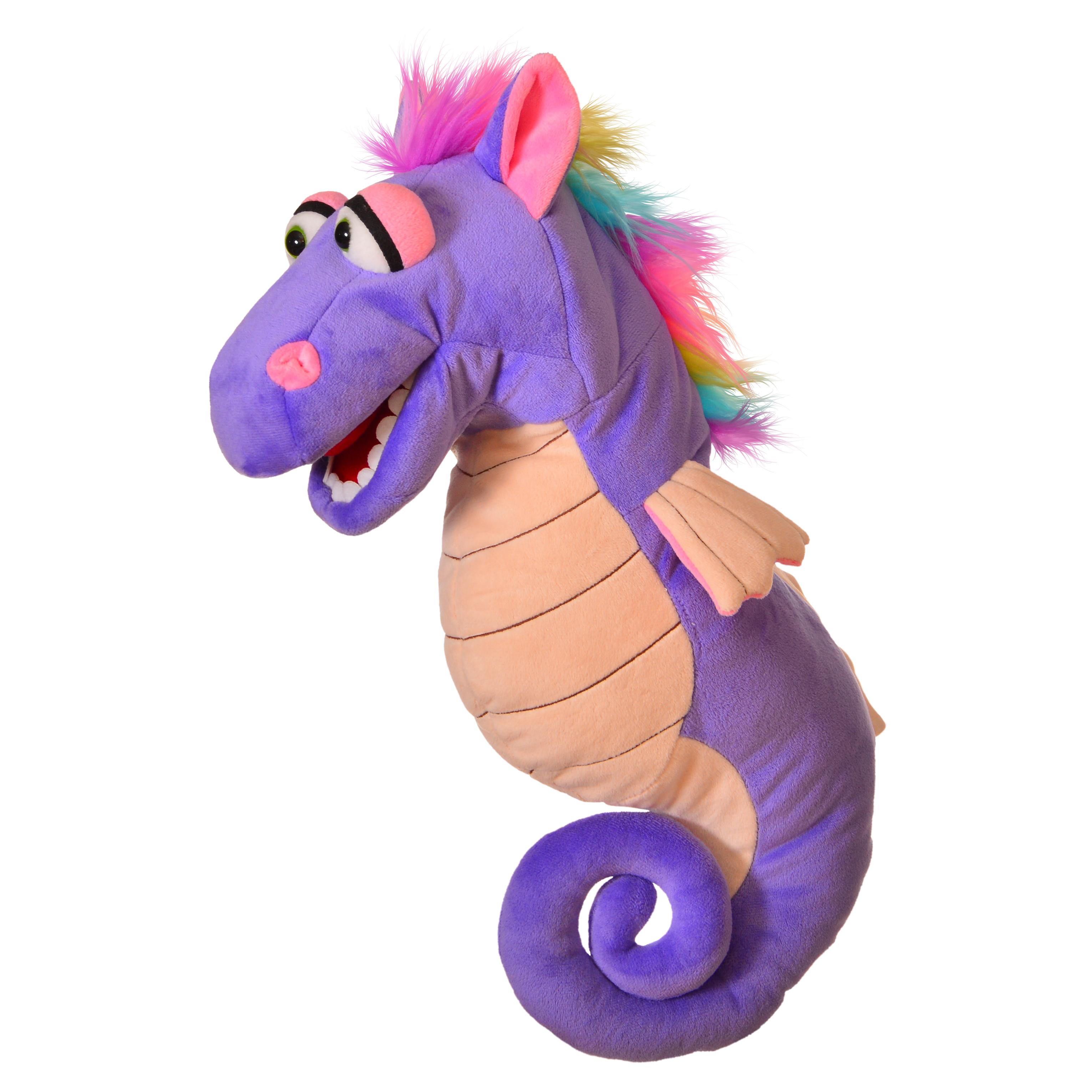 Living Puppets Törtchen the Seahorse hand puppet, purple character with salmon ringed belly, colourful rainbow mane and curled tail, shown in profile