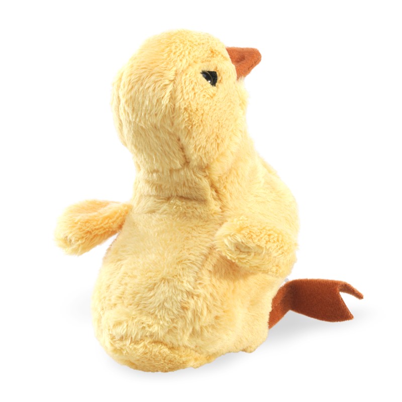 Folkmanis mini duckling finger puppet in yellow with brown beak and feet, side view