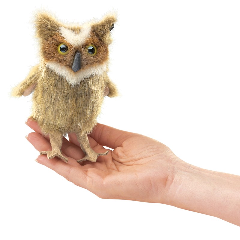 Folkmanis mini Great Horned Owl finger puppet with brown-beige plush and yellow eyes, standing upright on a palm