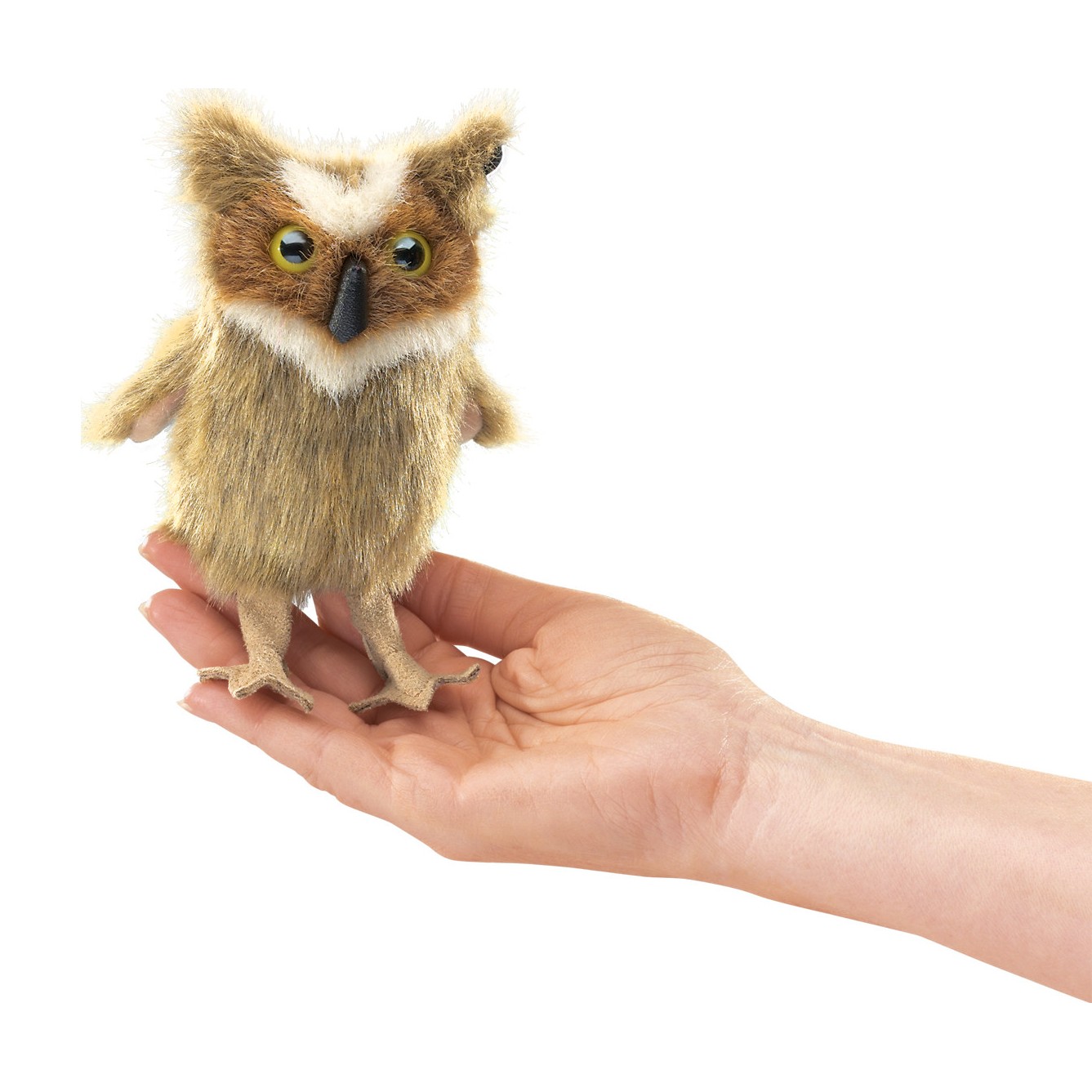 Folkmanis mini Great Horned Owl finger puppet with brown-beige plush and yellow eyes, standing upright on a palm
