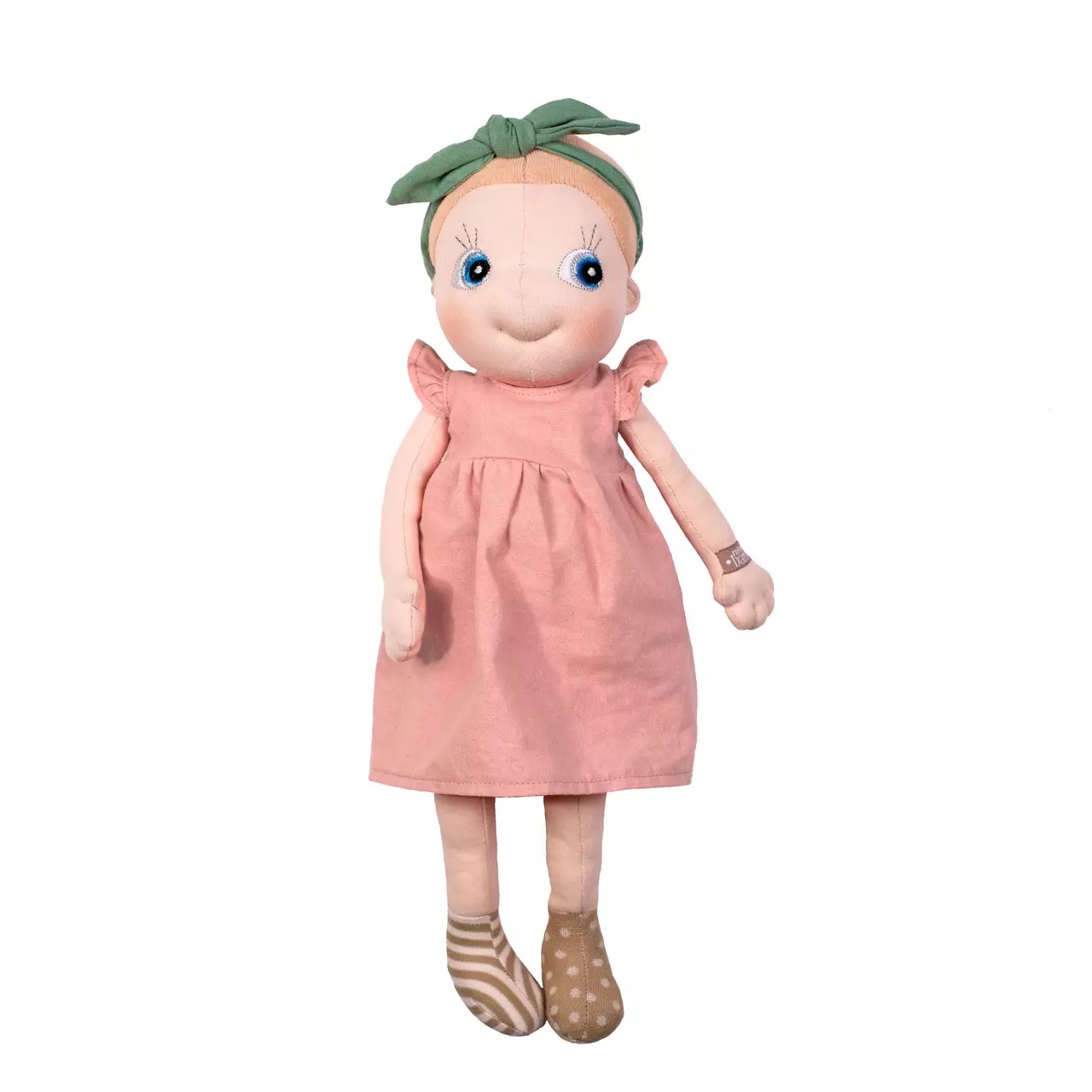 Rubens EcoBuds doll in the pink summer dress with green hairband, standing
