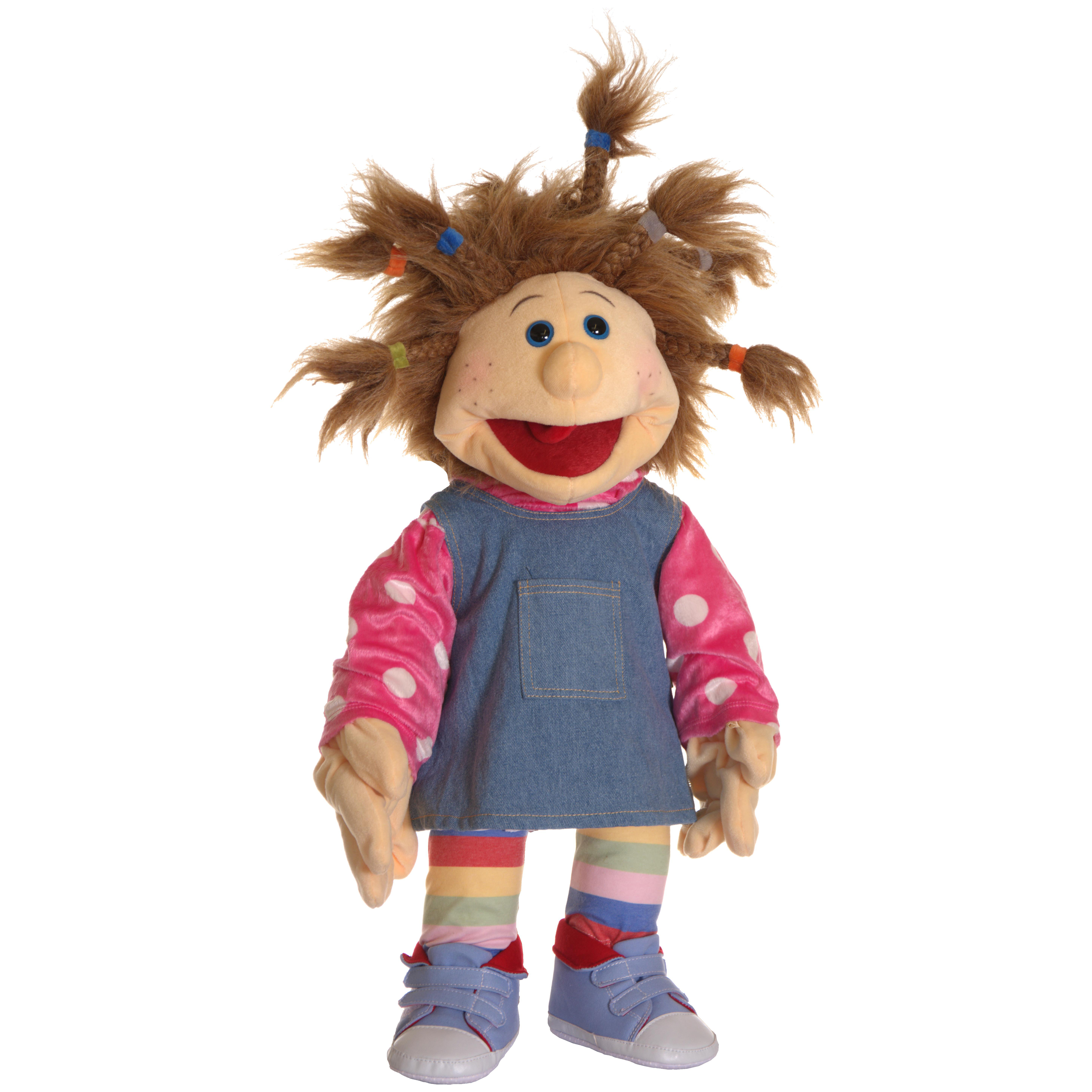 Living Puppets hand puppet Ilselotte Keksberg with scruffy pigtails, denim dress and rainbow stockings