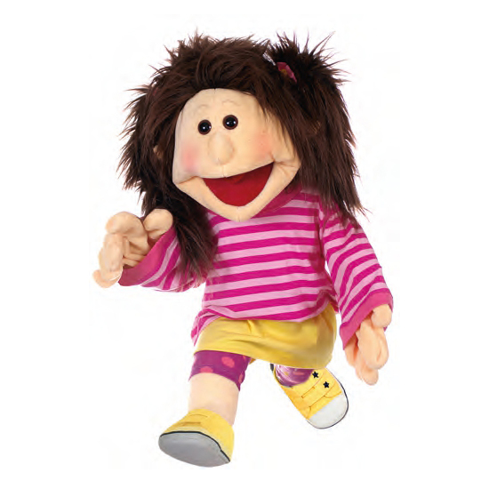 Living Puppets hand puppet Finja with dark hair, pink striped shirt and yellow skirt