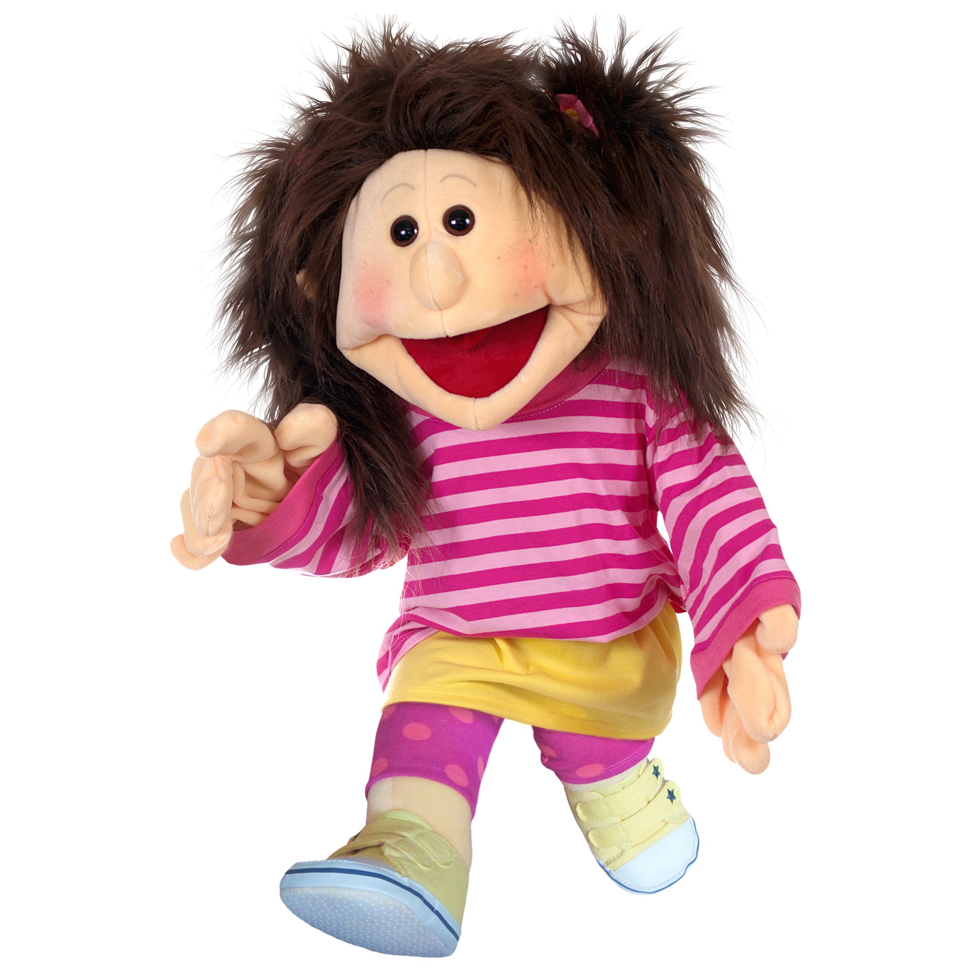 Living Puppets hand puppet Finja with dark hair, pink striped shirt and yellow skirt