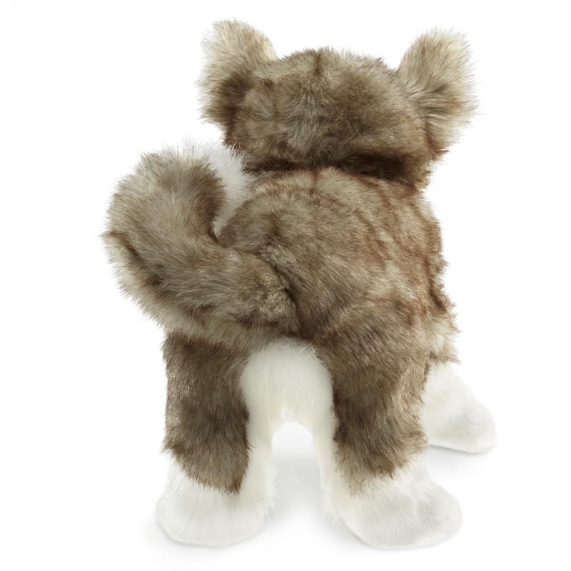 Folkmanis wolf pup hand puppet in brown and white, rear view showing curved tail and perked ears